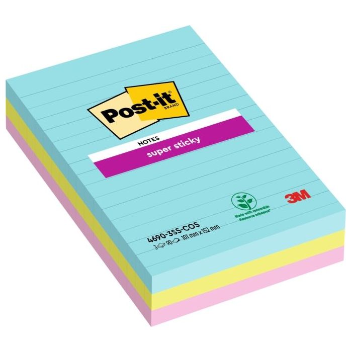 Post-It Super Sticky Pack de 3 Blocs de 90 Notas Adhesivas Reposicionables - Forma Rectangular - 101x152mm - Colores Surtidos