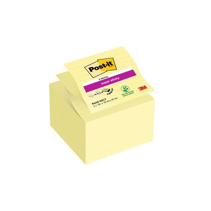 Post-It Super Sticky Pack de 5 Blocs de 90 Z-Notas Grandes Adhesivas Reposicionables Z-Notas Grandes - con Lineas - Color Amarillo Claro