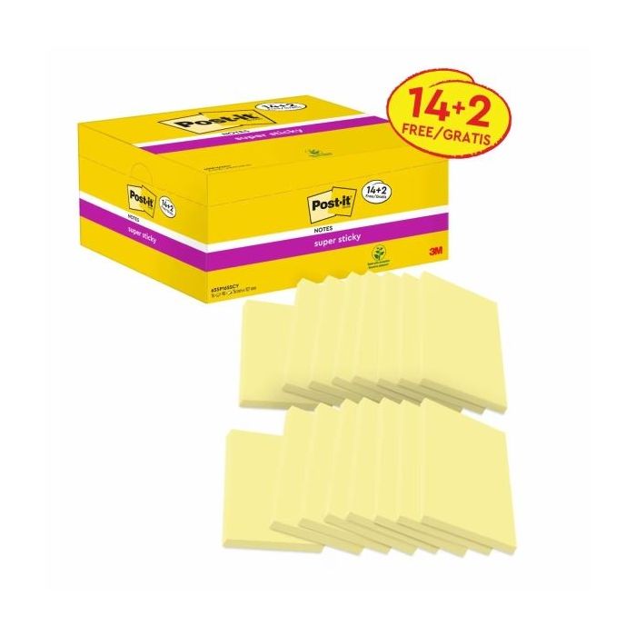 Post-It Super Sticky Pack de 16 Blocs de 90 Notas Adhesivas Reposicionables - Forma Rectangular - 76x127mm - Color Amarillo Claro