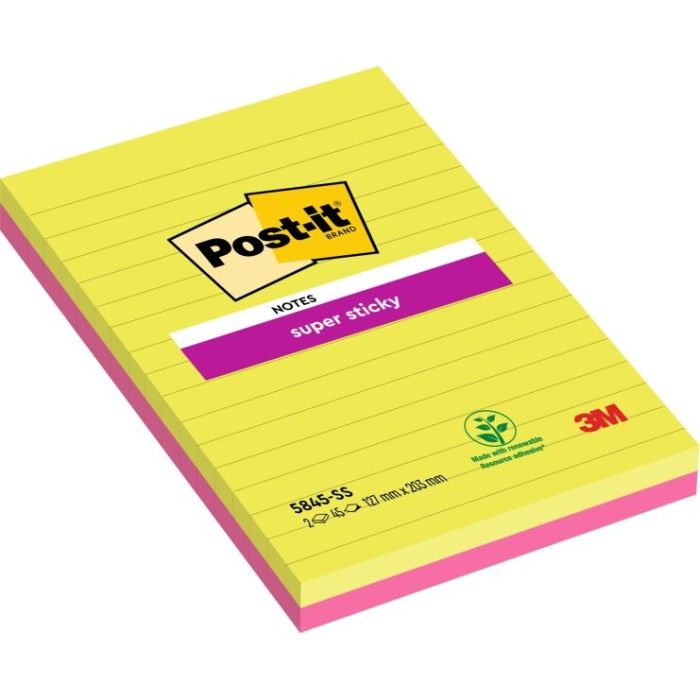 Post-It Super Sticky Pack de 2 Blocs de 45 Notas Adhesivas Reposicionables - Forma Rectangular - 203x127mm - Colores Surtidos