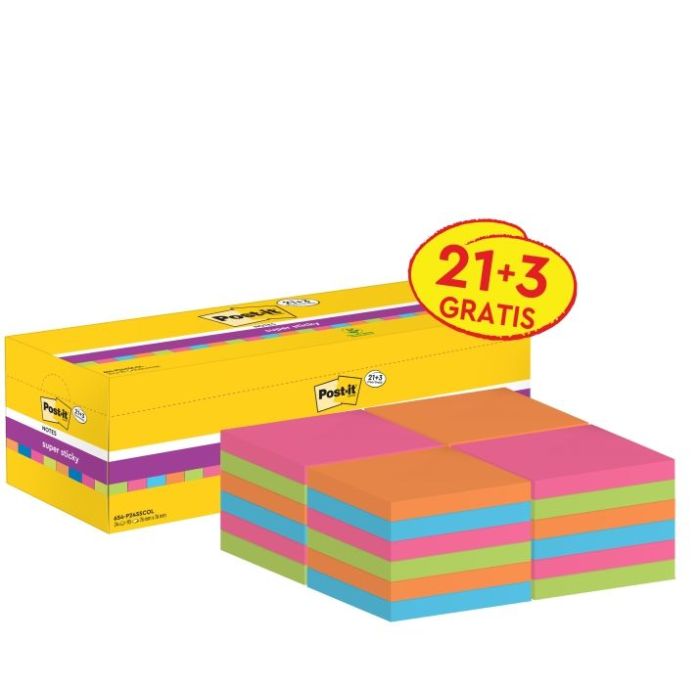Post-It Super Sticky Pack de 24 Blocs de 90 Notas Adhesivas Reposicionables - 76x76mm - Promocion 21 Blocs + 3 Gratis - Colores Surtidos