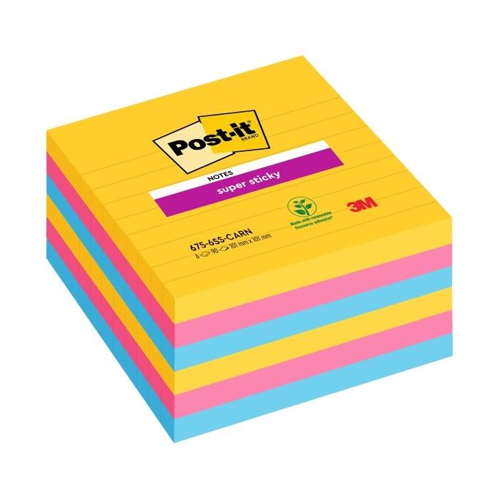 Post-It Super Sticky Pack de 6 Blocs de 90 Notas Adhesivas Reposicionables - Forma Cuadrada - 101x101mm - Colores Surtidos