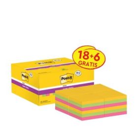 Post-It Super Sticky Pack de 24 Blocs de 90 Notas Adhesivas Reposicionables - 47.6x47.6mm - Promocion 18 Blocs + 6 Gratis - Colores Surtidos