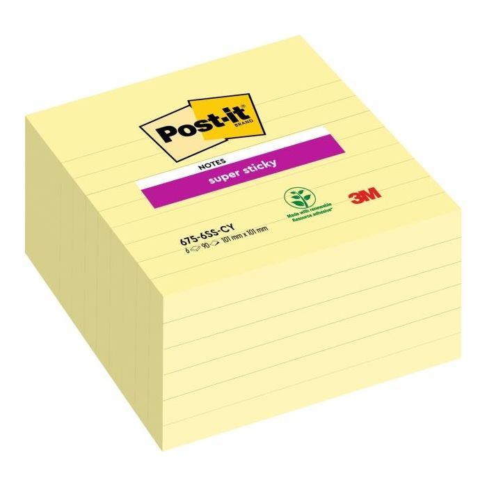 Post-It Super Sticky Pack de 6 Blocs de 90 Notas Grandes Adhesivas Reposicionables - 101x101mm - Color Amarillo Claro