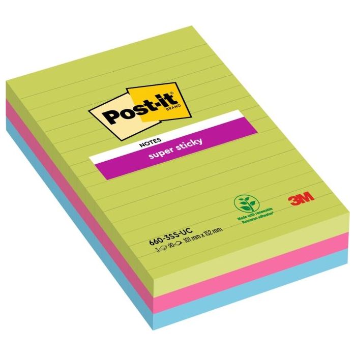 Post-It Super Sticky Pack de 3 Blocs de 90 Notas Grandes Adhesivas Reposicionables - con Lineas - 100% PEFC - Colores Surtidos