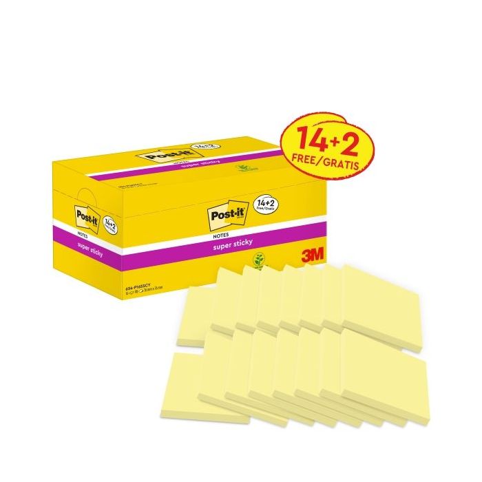 Post-It Super Sticky Pack de 16 Blocs de 90 Notas Adhesivas Reposicionables - Forma Cuadrada - 76x76mm - Color Amarillo Claro