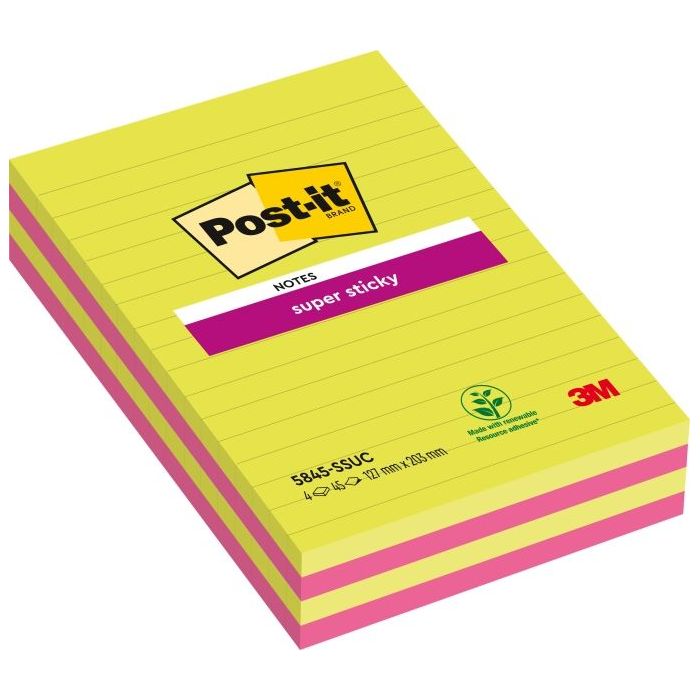 Post-It Super Sticky Pack de 4 Blocs de 45 Notas Grandes Adhesivas Reposicionables - con Lineas - 100% PEFC - Colores Surtidos