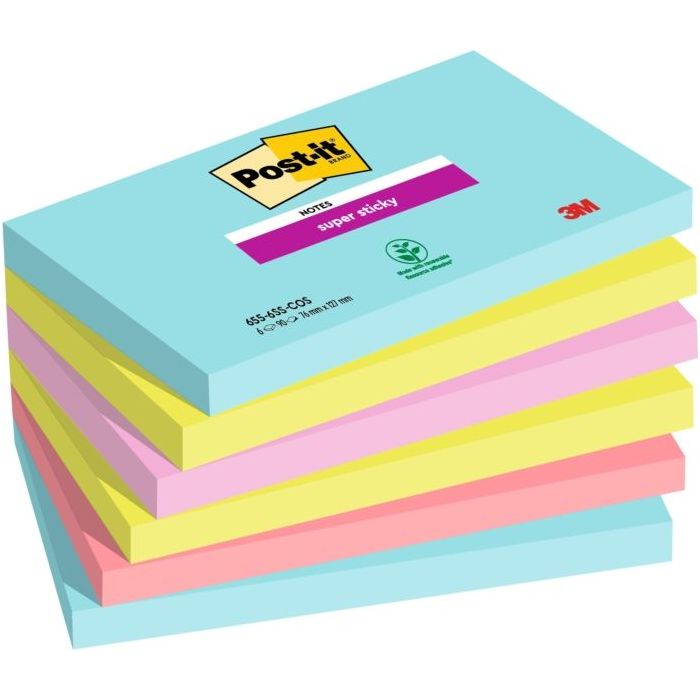 Post-It Super Sticky Pack de 6 Blocs de 90 Notas Adhesivas Reposicionables - Forma Rectangular - Colores Surtidos