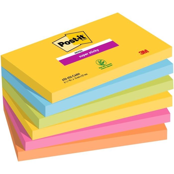 Post-It Super Sticky Pack de 6 Blocs de 90 Notas Adhesivas Reposicionables - Forma Rectangular - Colores Surtidos
