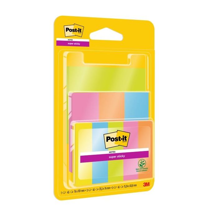 Post-It Super Sticky Pack de 9 Blocs de 45 Notas Adhesivas Reposicionables - 100% PEFC - Colores Surtidos
