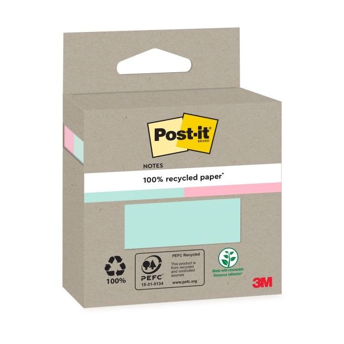 Post-It Pack de 2 Blocs de 100 Notas Adhesivas Recicladas - Forma Cuadrada - Colores Surtidos