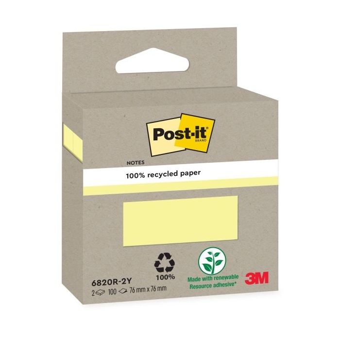 Post-It Pack de 2 Blocs de 100 Notas Adhesivas Recicladas - Forma Cuadrada - Color Amarillo Claro