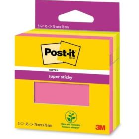 Post-It Super Sticky Pack de 3 Blocs de 45 Notas Adhesivas Reposicionables - 76x76mm - 100% PEFC - Colores Surtidos