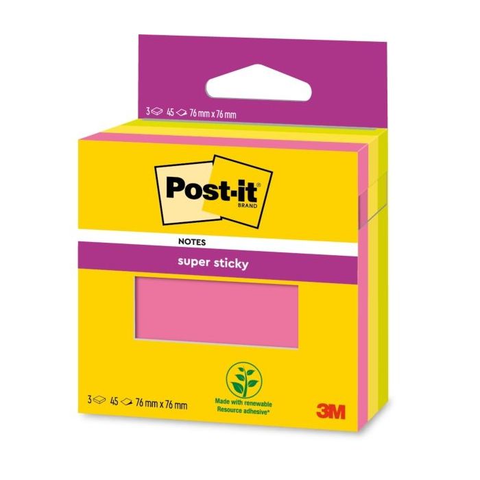 Post-It Super Sticky Pack de 3 Blocs de 45 Notas Adhesivas Reposicionables - 76x76mm - 100% PEFC - Colores Surtidos