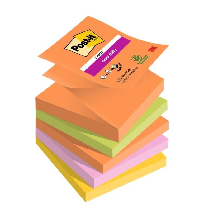Post-It Super Sticky Pack de 5 Blocs de 90 Notas Adhesivas Reposicionables - Forma Cuadrada - 76x76mm - en Zig-Zag - Colores Surtidos