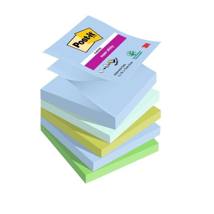 Post-It Super Sticky Pack de 5 Blocs de 90 Notas Adhesivas Reposicionables - Forma Cuadrada - 76x76mm - en Zig-Zag - Colores Surtidos