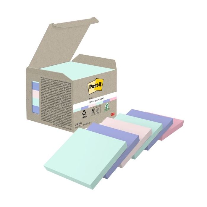 Post-It Pack de 6 Blocs de 100 Notas Adhesivas Recicladas - Forma Cuadrada - 76x76mm - Colores Surtidos