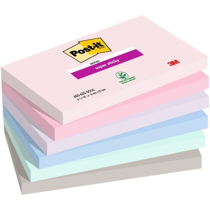 Post-It Super Sticky Pack de 6 Blocs de 90 Notas Adhesivas Reposicionables - Forma Rectangular - 127x76mm - Colores Surtidos