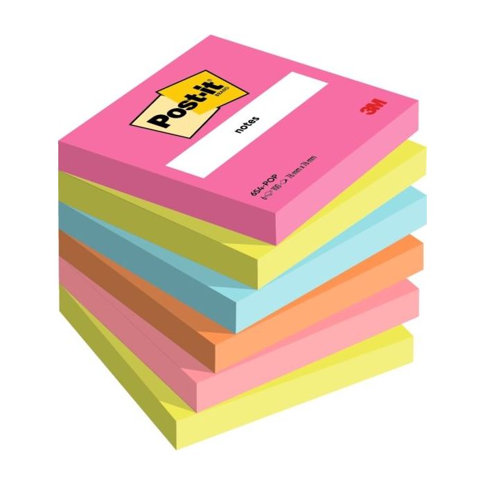 Post-It Pack de 6 Blocs de 100 Notas Adhesivas Reposicionables - Forma Cuadrada - 76x76mm - Colores Surtidos