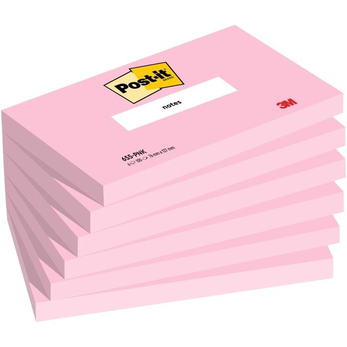 Post-It Pack de 6 Blocs de 100 Notas Adhesivas Reposicionables - Forma Rectangular - 76x127mm - Color Rosa