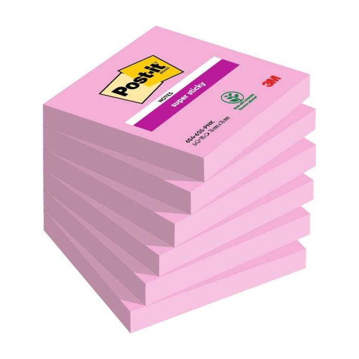 Post-It Super Sticky Pack de 6 Blocs de 90 Notas Adhesivas Reposicionables - 76x76mm - 100% PEFC - Color Rosa