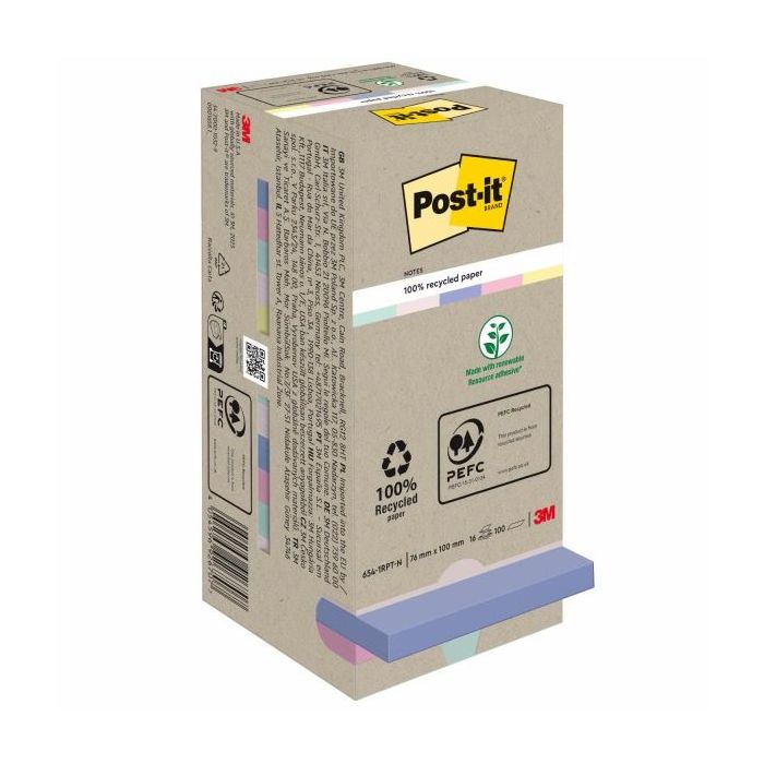 Post-It Pack de 16 Blocs de 100 Notas Adhesivas Recicladas - Forma Cuadrada - 76x76mm - Colores Surtidos