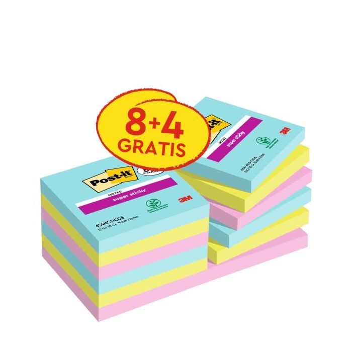Post-It Super Sticky Pack de 12 Blocs de 90 Notas Adhesivas Reposicionables - Coleccion Cosmic - 76x76 mm - + 4 Gratis - Colores Surtidos