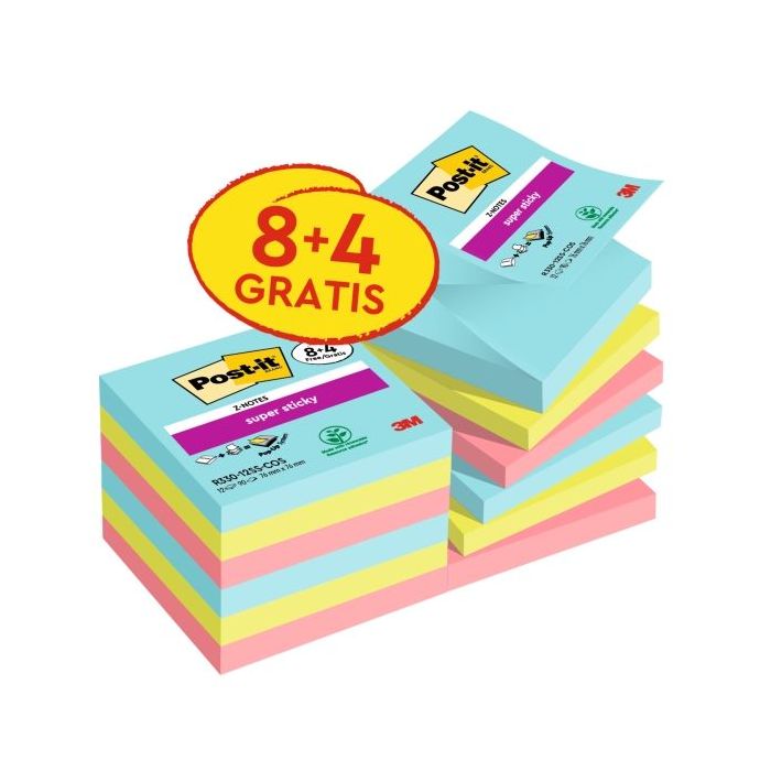 Post-It Super Sticky Pack de 12 Blocs de 90 Z-Notas Adhesivas Reposicionables - Coleccion Cosmic - 76x76 mm - Promocion 8 Blocs + 4 Gratis - Colores Surtidos
