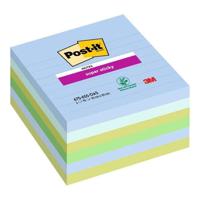 Post-It Super Sticky Pack de 6 Blocs de 90 Notas Adhesivas Reposicionables - Forma Cuadrada - 101x101mm - Colores Surtidos