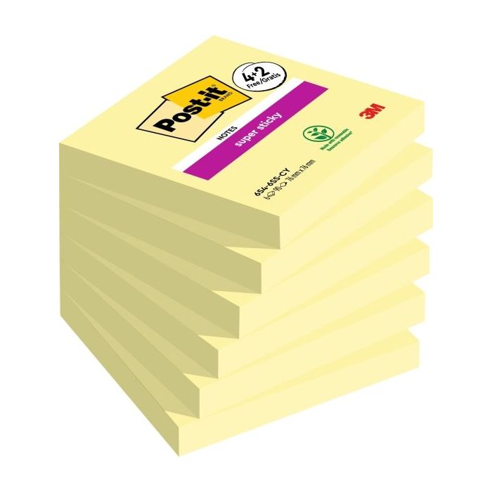 Post-It Super Sticky Pack de 6 Blocs de 90 Notas Adhesivas Reposicionables - 76x76mm - Promocion 4 Blocs + 2 Gratis - Color Amarillo Claro