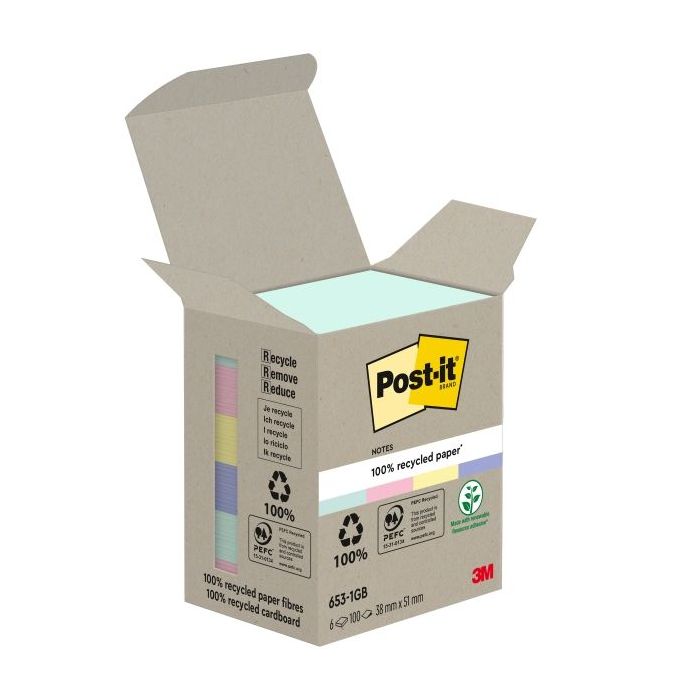 Post-It Pack de 6 Blocs de 100 Notas Adhesivas Recicladas - Forma Rectangular - 51x51mm - Colores Surtidos