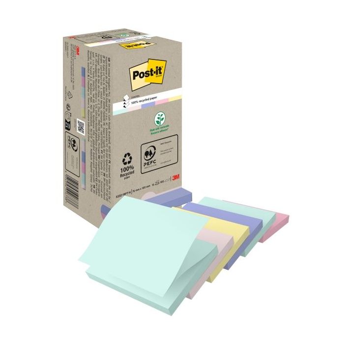 Post-It Pack de 16 Blocs de 100 Z-Notas Adhesivas Recicladas - Forma Cuadrada - 76x76mm - Colores Surtidos