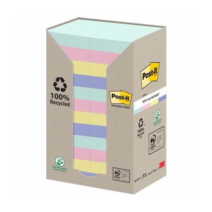 Post-It Pack de 24 Blocs de 100 Notas Adhesivas Recicladas - Forma Rectangular - 51x51mm - Colores Surtidos