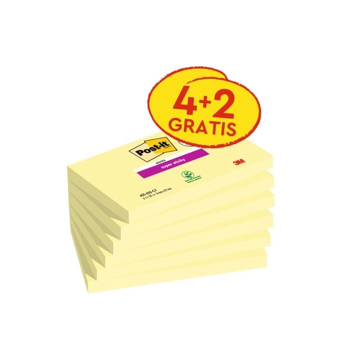Post-It Super Sticky Pack de 6 Blocs con 90 Notas Adhesivas Reposicionables - 76x127mm - Promocion 4 Blocs + 2 Gratis - Color Amarillo Claro