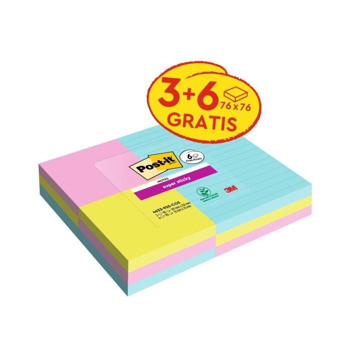 Post-It Super Sticky Pack de 9 Blocs de 90 Notas Adhesivas Reposicionables Coleccion Cosmic - 3 Blocs con Lineas + 6 Estandar - Colores Surtidos