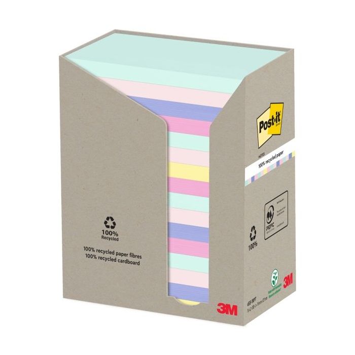 Post-It Pack de 16 Blocs de 100 Notas Adhesivas Recicladas - Forma Rectangular - 127x76mm - Colores Surtidos