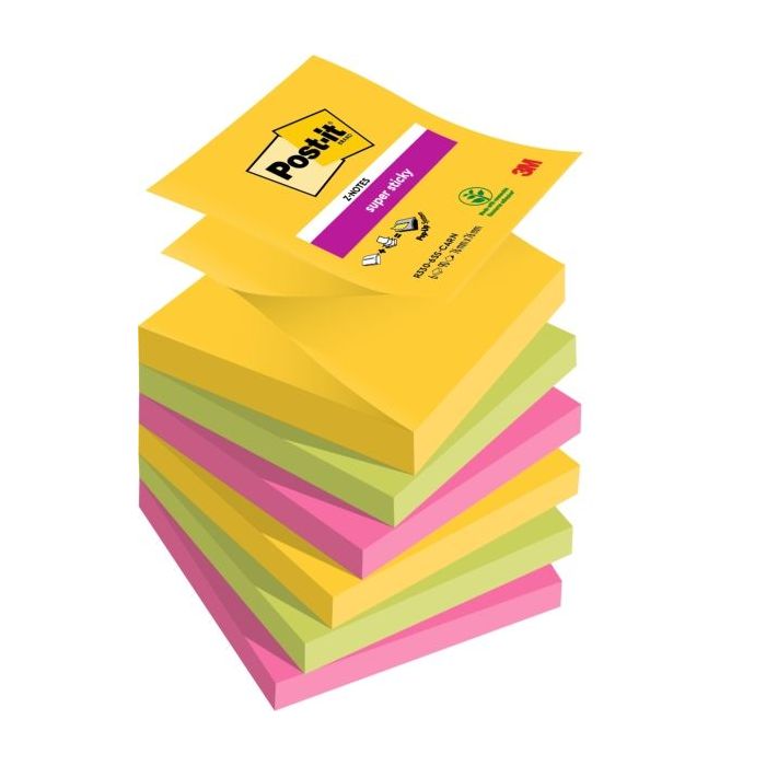Post-It Super Sticky Pack de 6 Blocs de 90 Notas Adhesivas Reposicionables - Forma Cuadrada - 76x76mm - en Zig-Zag - Colores Surtidos