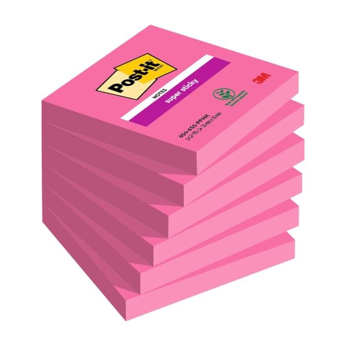 Post-It Super Sticky Pack de 6 Blocs de 90 Notas Adhesivas Reposicionables - Forma Cuadrada - 76x76mm - Color Rosa