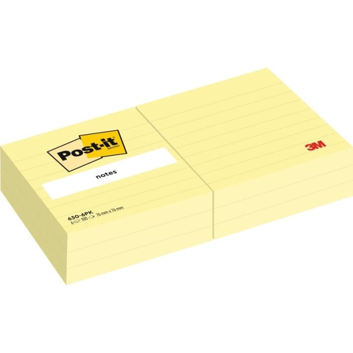 Post-It Pack de 6 Blocs de 100 Notas - con Lineas - 76x76mm - 100% PEFC - Color Amarillo Claro