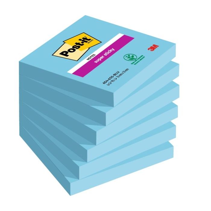 Post-It Super Sticky Pack de 6 Blocs de 90 Notas Adhesivas Reposicionables - Forma Cuadrada - 76x76mm - Color Azul