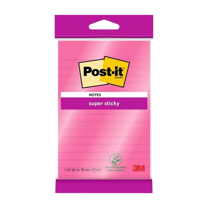 Post-It Super Sticky Bloc de 45 Notas Adhesivas Reposicionables - Forma Rectangular - 101x152mm - Color Rosa
