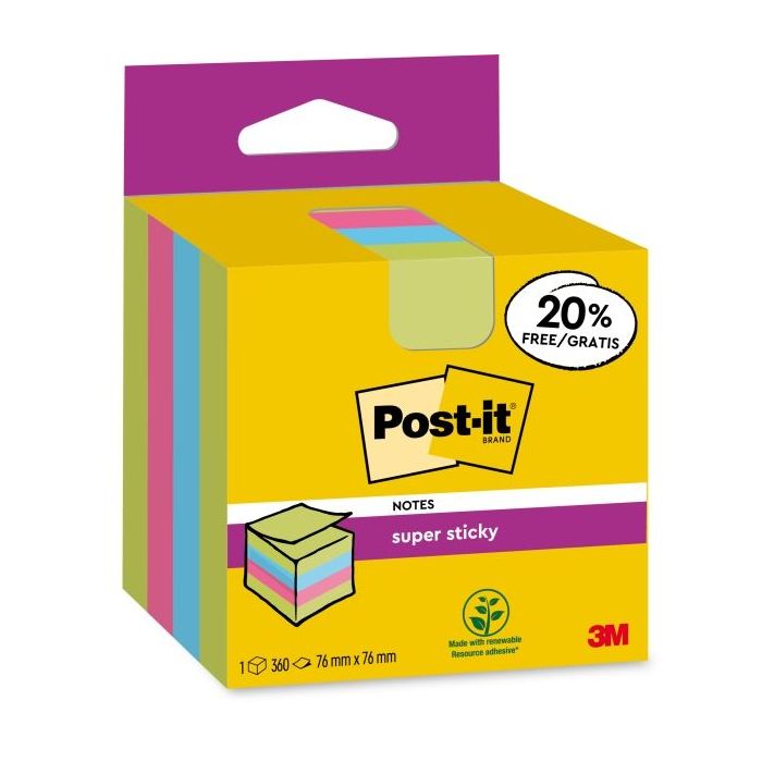 Post-It Super Sticky Cubo de 300 Notas Adhesivas Reposicionables - 76x76mm - 100% PEFC - Colores Surtidos