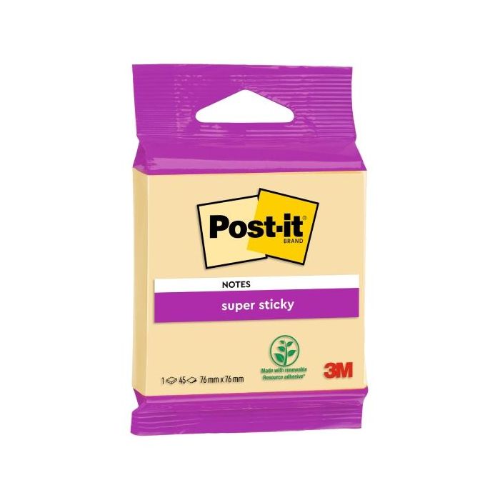 Post-It Super Sticky Bloc de 45 Notas Adhesivas Reposicionables - Forma Cuadrada - 76x76mm - Color Amarillo Claro