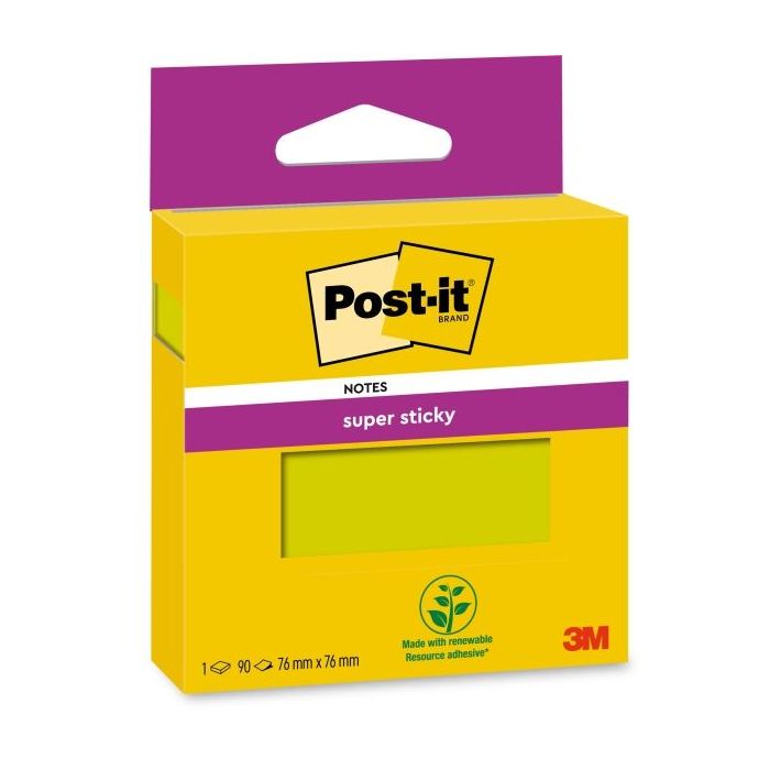 Post-It Super Sticky Pack de Hojas/Bloc, 1 Bloc de 90 Notas Adhesivas Reposicionables - 76x76mm - Color Verde