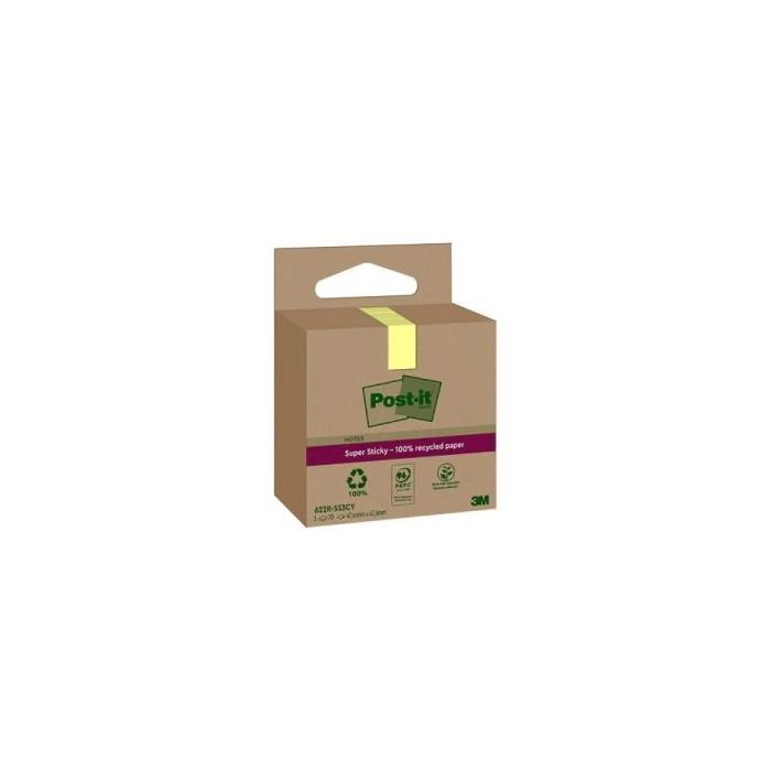 Post-It Super Sticky Pack de 3 Blocs de 70 Notas Adhesivas Recicladas - Forma Cuadrada - 47.6x47.6mm - Color Amarillo Claro