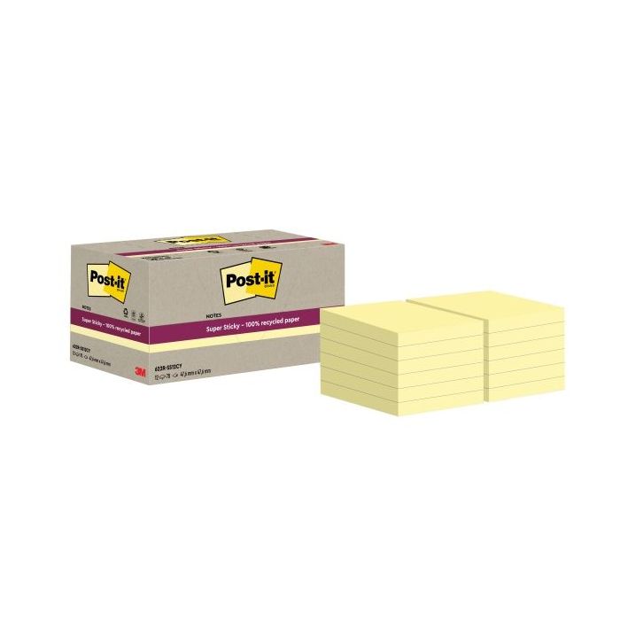 Post-It Super Sticky Pack de 12 Blocs de 70 Notas Adhesivas Recicladas - Forma Cuadrada - 47.6x47.6mm - Color Amarillo Claro