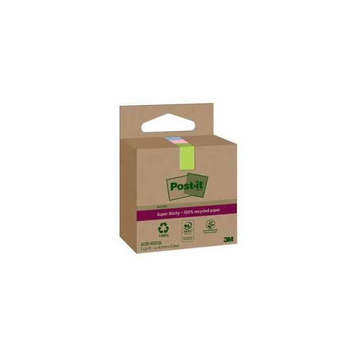 Post-It Super Sticky Pack de 3 Blocs de 70 Notas Adhesivas Recicladas - Forma Cuadrada - 47.6x47.6mm - Colores Surtidos