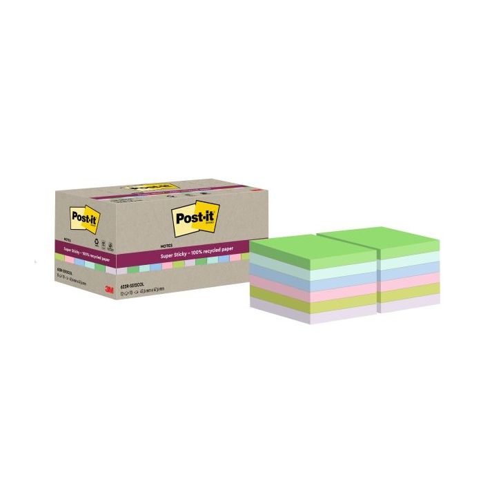 Post-It Super Sticky Pack de 12 Blocs de 70 Notas Adhesivas Recicladas - Forma Cuadrada - 47.6x47.6mm - Colores Surtidos
