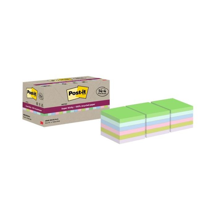 Post-It Super Sticky Pack de 18 Blocs de 70 Notas Adhesivas Recicladas - Forma Cuadrada - 76x76mm - Colores Surtidos