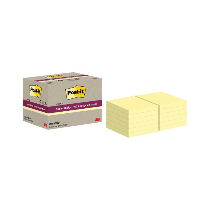 Post-It Super Sticky Pack de 12 Blocs de 70 Notas Adhesivas Recicladas - Forma Cuadrada - 76x76mm - Color Amarillo Claro